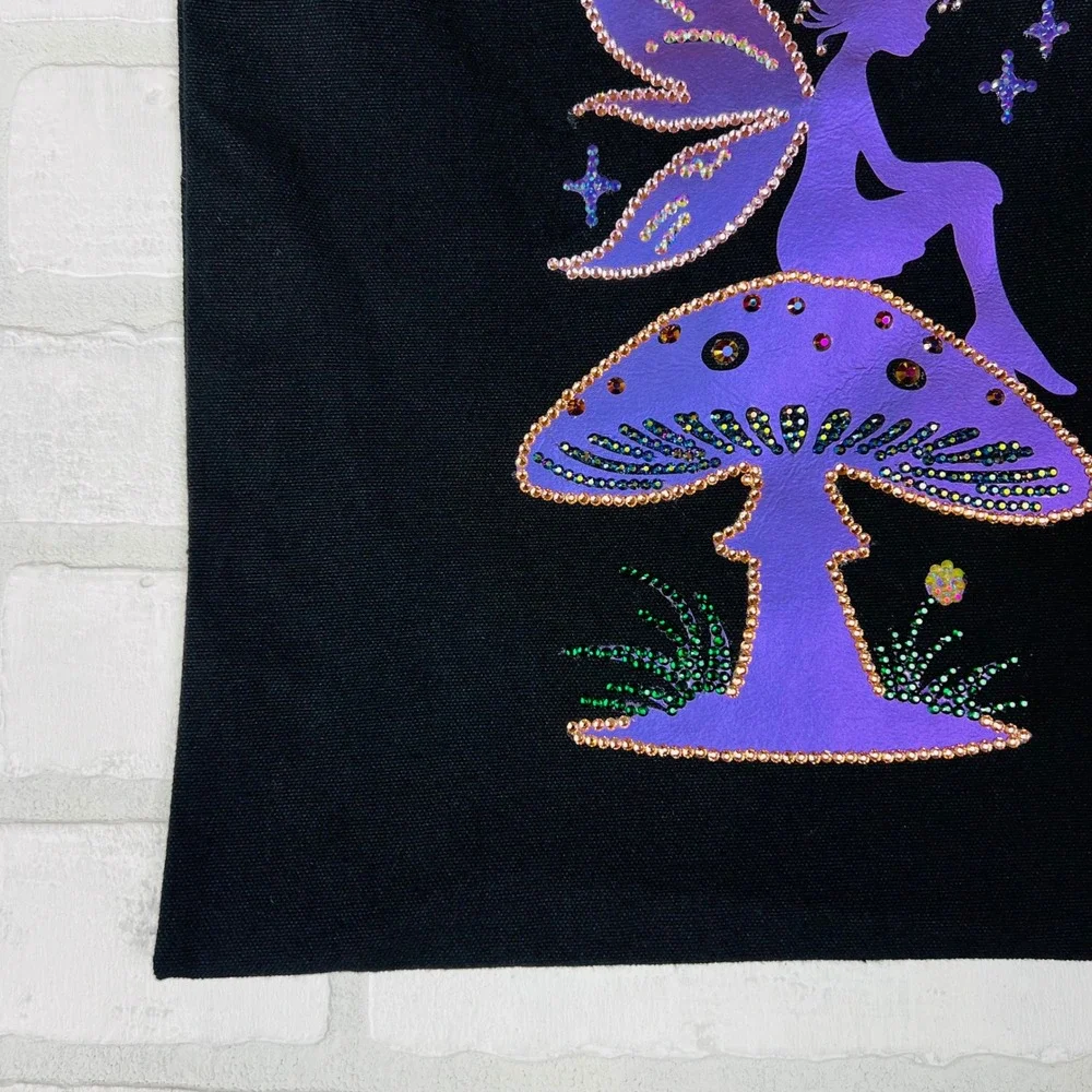 Black Fairy Mushroom Rhinestone Iridescent Canvas Tote Kids Bookbag 12 x 14.5